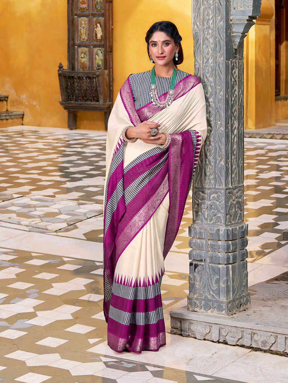 Off white poly cotton printed saree