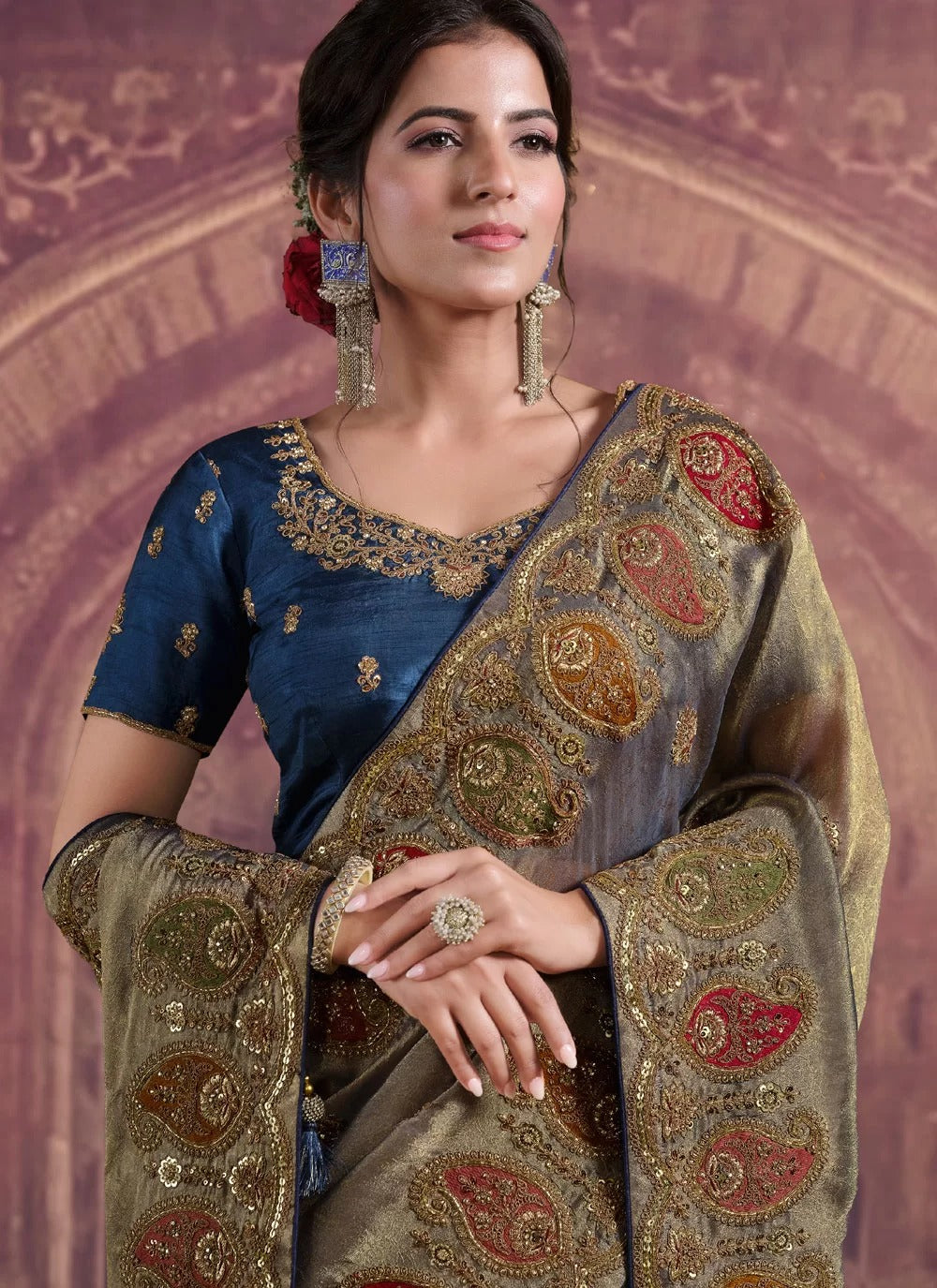 Celestial Teal Blue Organza Silk Bridal Saree with Khatli & Sequence Work