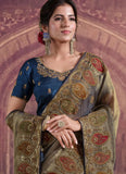 Celestial Teal Blue Organza Silk Bridal Saree with Khatli & Sequence Work