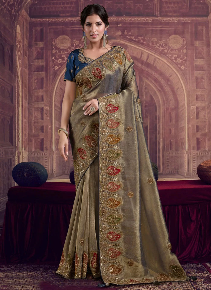 Teal Blue bridal saree in georgette and zari organza silk with pure khatli and sequence embroidery