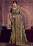 Teal Blue bridal saree in georgette and zari organza silk with pure khatli and sequence embroidery
