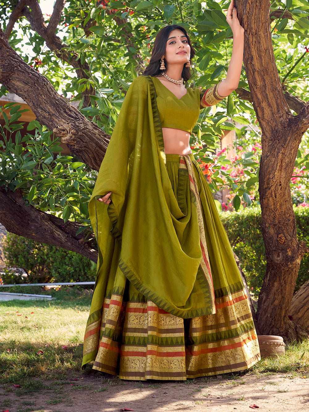 Mehandi green Chanderi lehenga choli with zari border
