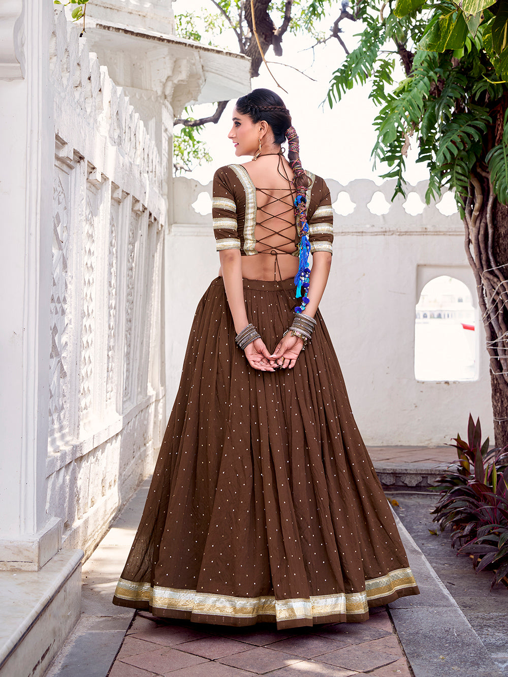 Traditional brown chanderi lehenga with dupatta