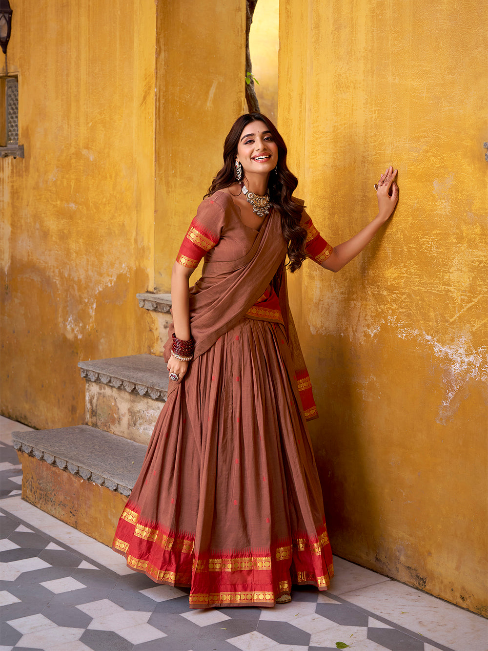 Brown Color Zari Weaving Work Chanderi Lehenga Choli