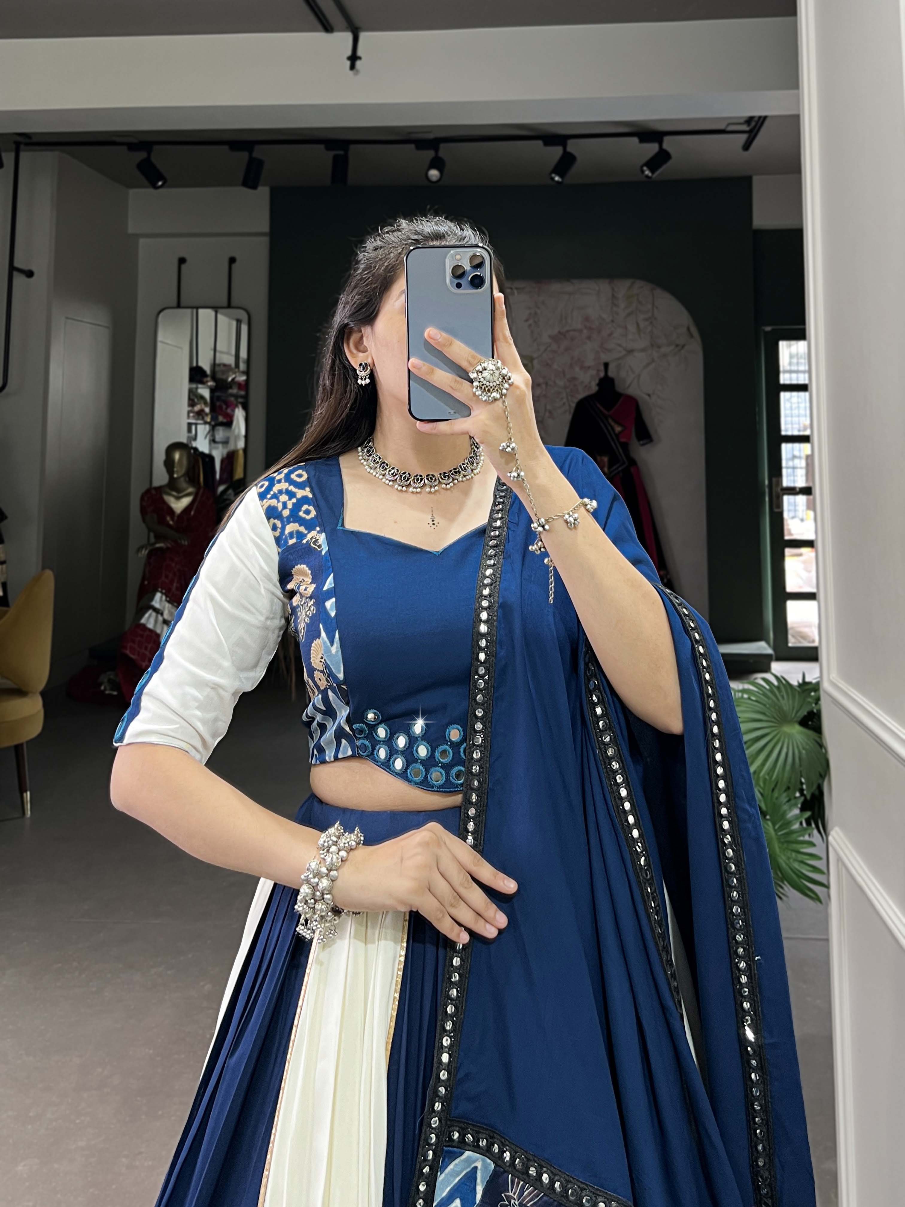 Blue Color Plain And Printed With Paper Mirror Work Rayon Lehenga Choli