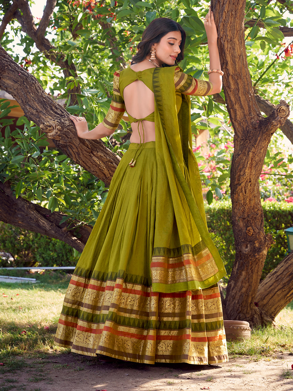 Mehandi Color Plain With Zari Weaving Work Chanderi Silk Lehenga Choli