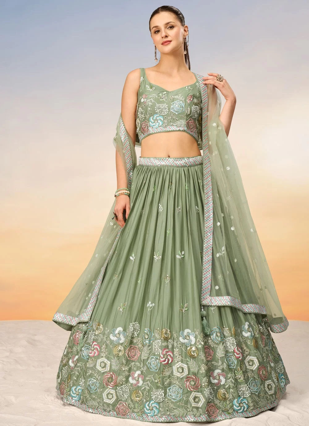 Charming Lime Green Poly Georgette Bridesmaid Lehenga Choli with Net Dupatta