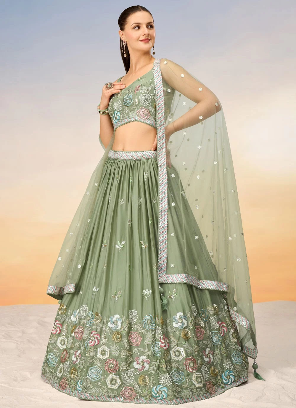 Charming Lime Green Poly Georgette Bridesmaid Lehenga Choli with Net Dupatta