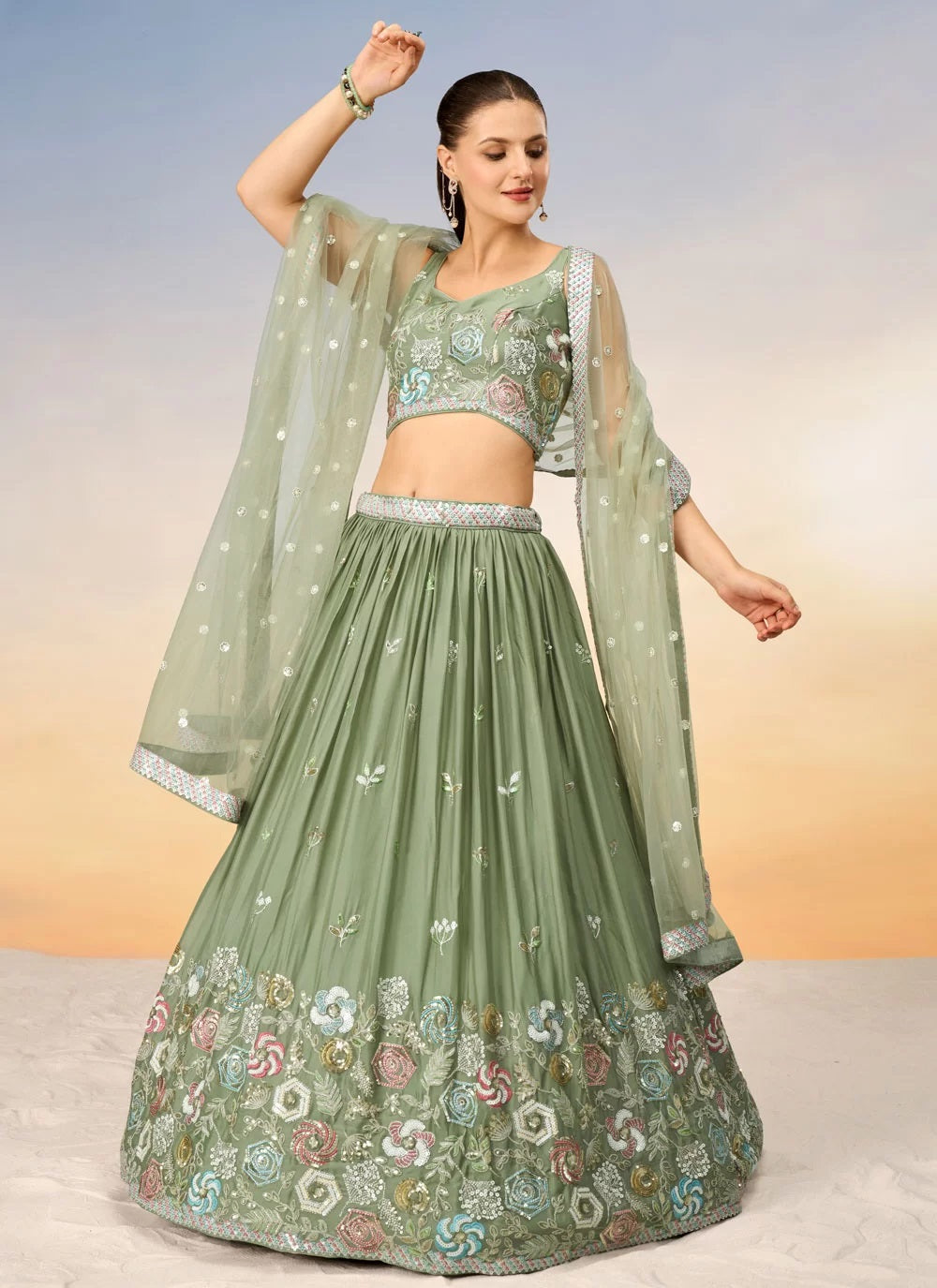 Charming Lime Green Poly Georgette Bridesmaid Lehenga Choli with Net Dupatta