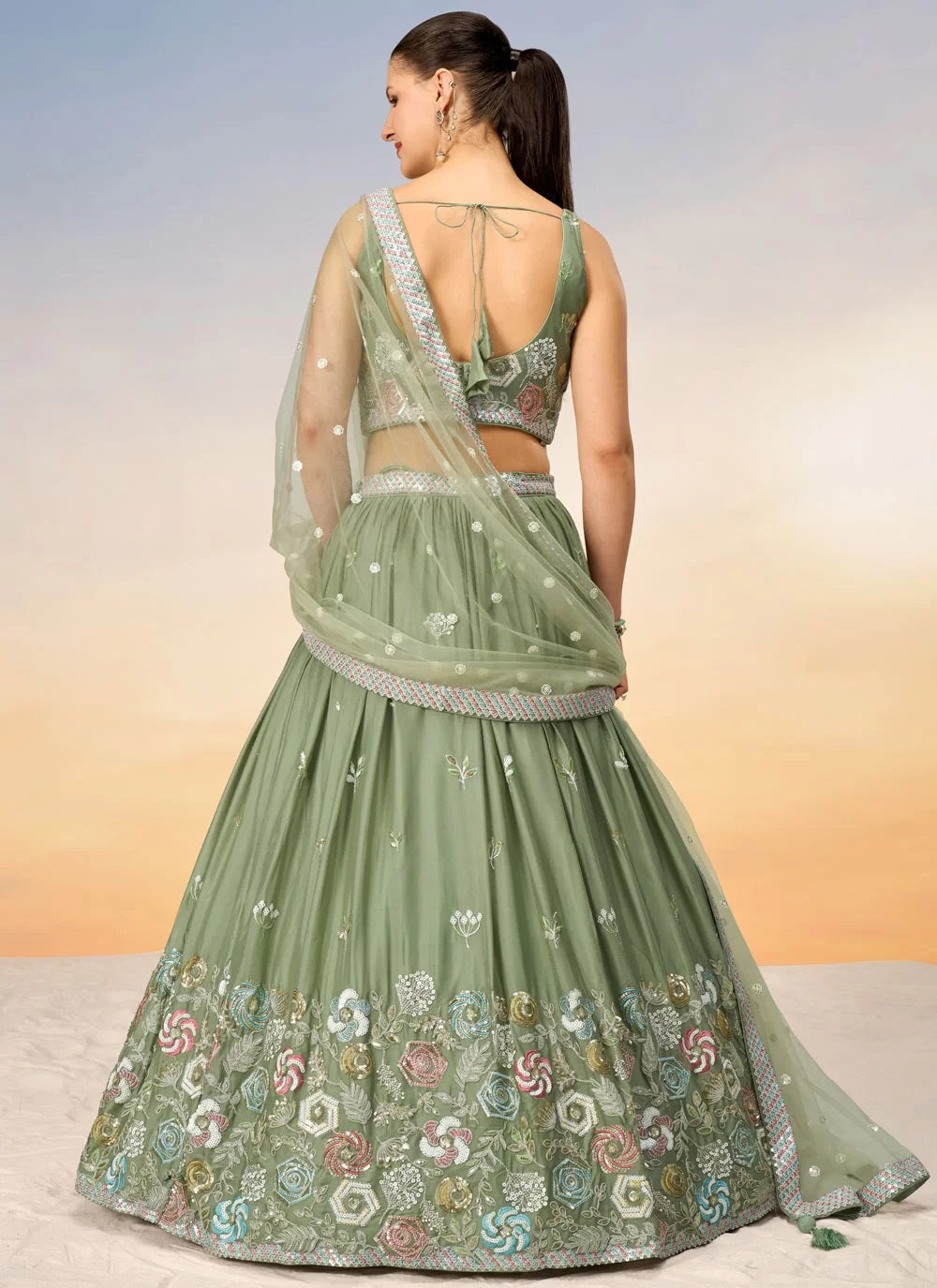 Charming Lime Green Poly Georgette Bridesmaid Lehenga Choli with Net Dupatta