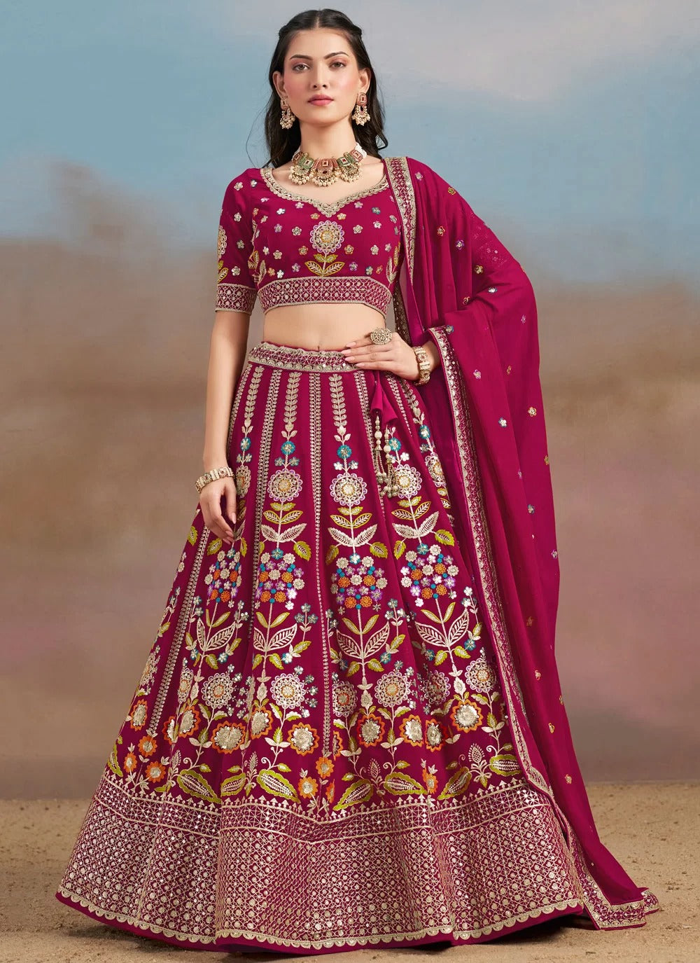 Pink Embroidered Georgette Lehenga for Wedding