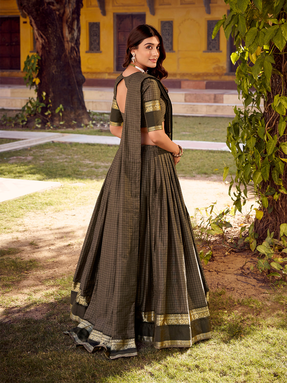 Grey Color Chex With Zari weaving Work Chettinad Cotton Lehenga Choli