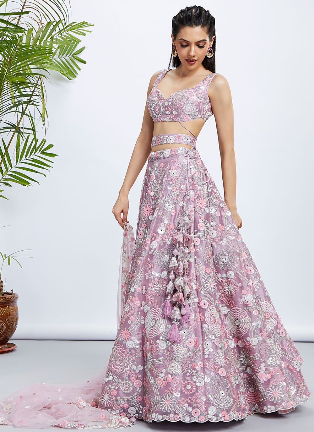 Chic Mauve Organza Bridesmaid Lehenga With Sequins and Zarkan Work