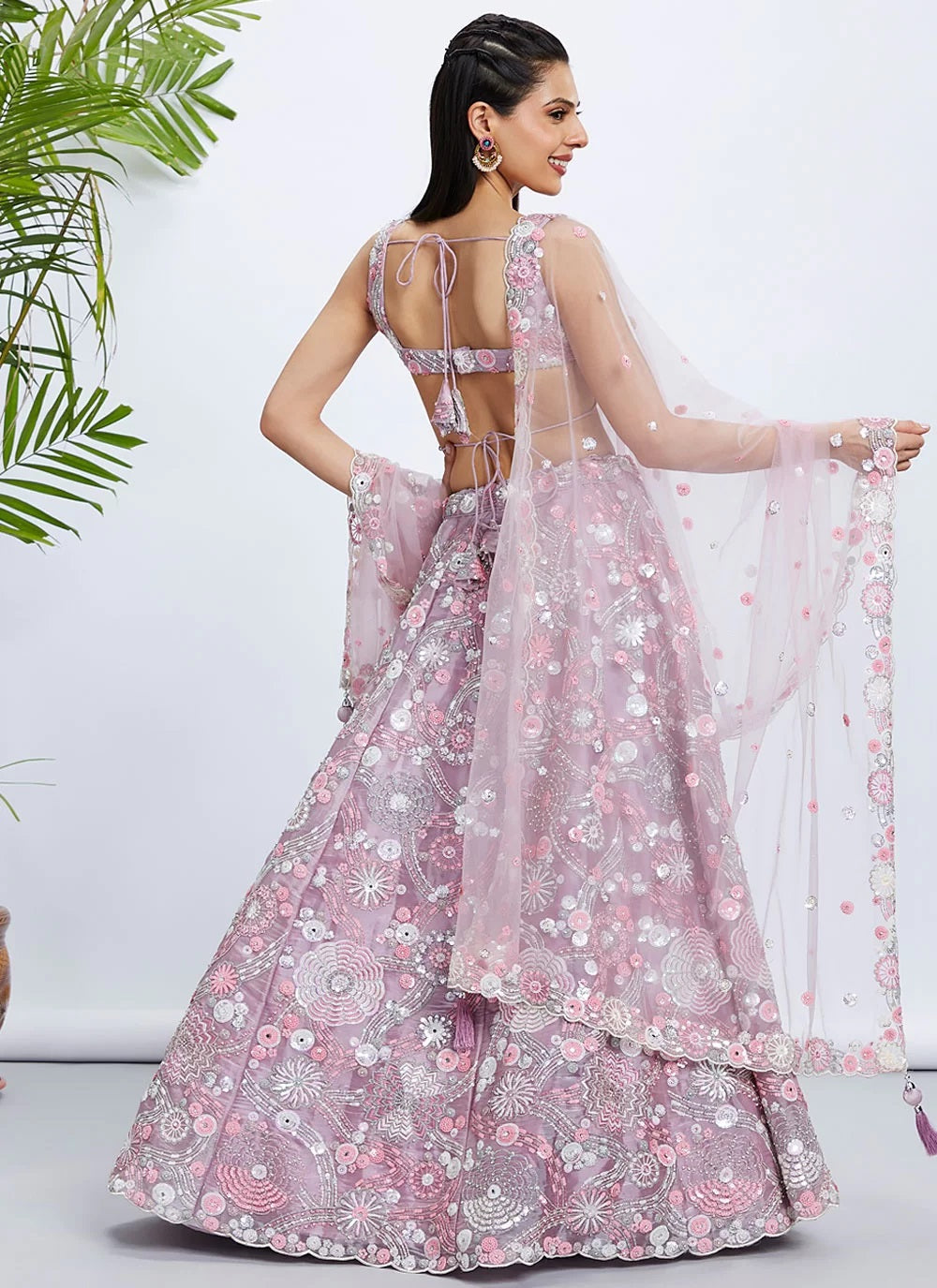 Chic Mauve Organza Bridesmaid Lehenga With Sequins and Zarkan Work