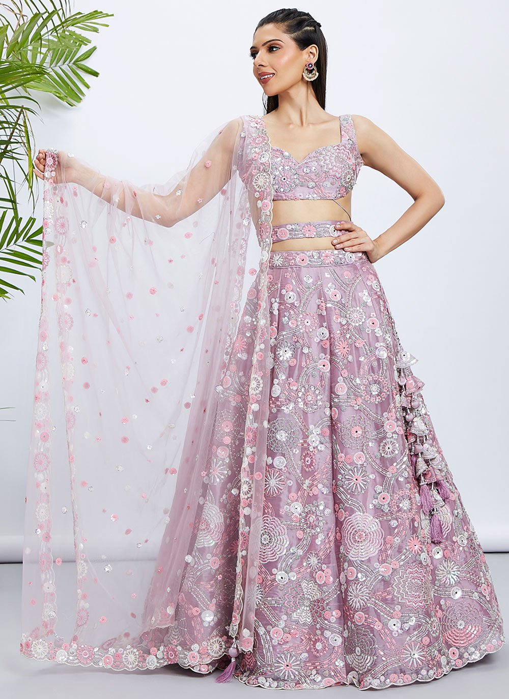 Chic Mauve Organza Bridesmaid Lehenga With Sequins and Zarkan Work