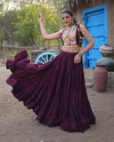 Chic Wine Rayon Garba Lehenga and Embroidered Blouse with Matching Koti