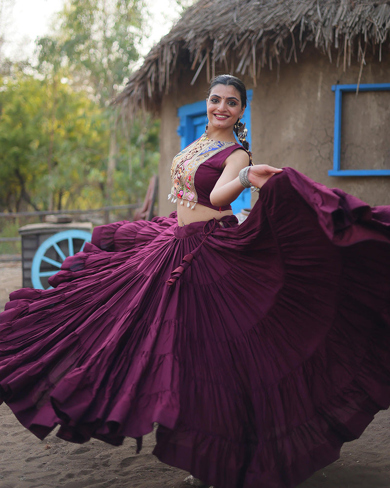 Chic Wine Rayon Garba Lehenga and Embroidered Blouse with Matching Koti