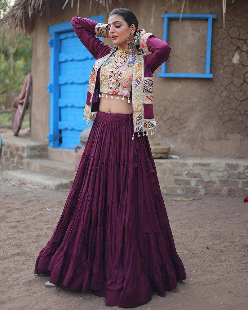 Chic Wine Rayon Garba Lehenga and Embroidered Blouse with Matching Koti