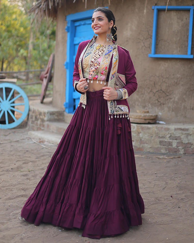 Chic Wine Rayon Garba Lehenga and Embroidered Blouse with Matching Koti