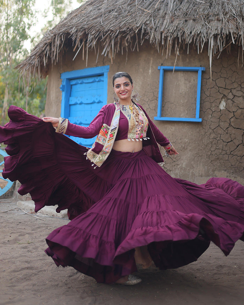 Chic Wine Rayon Garba Lehenga and Embroidered Blouse with Matching Koti