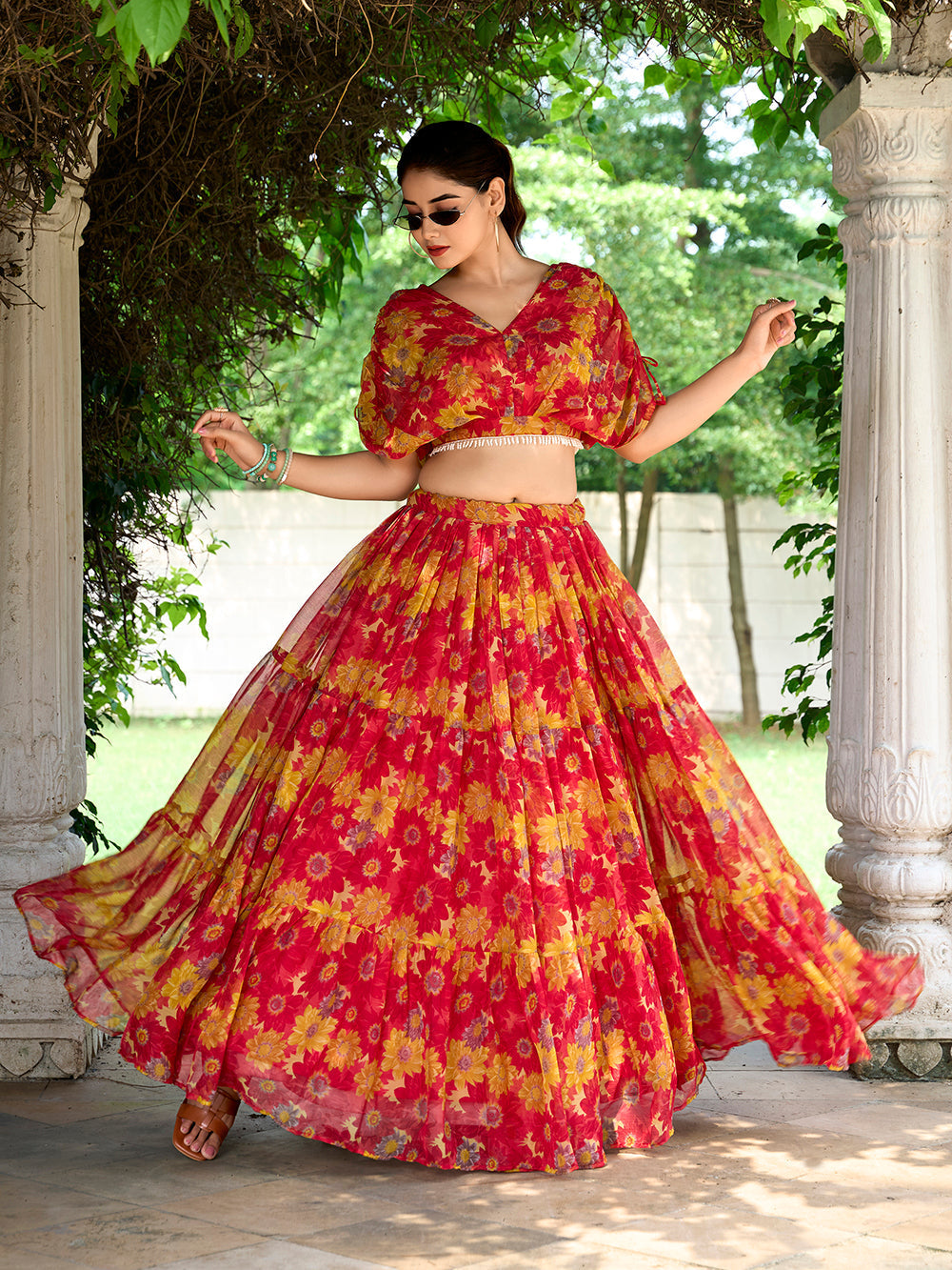 Red Color Floral Print Chiffon Co-ord Set Chaniya Choli