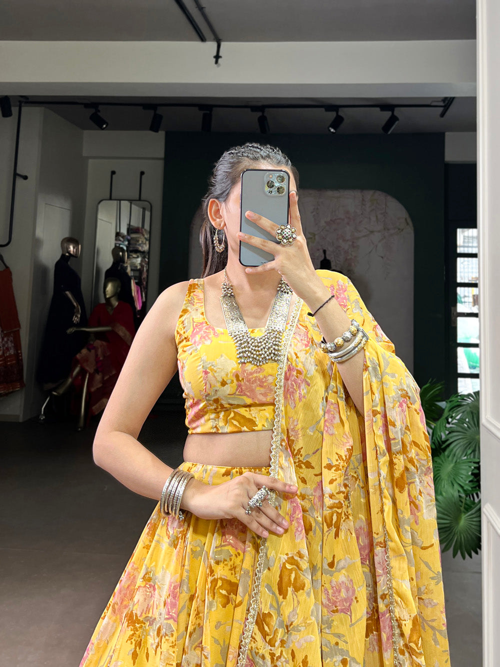 Yellow Dupatta with Lace and Foil Work