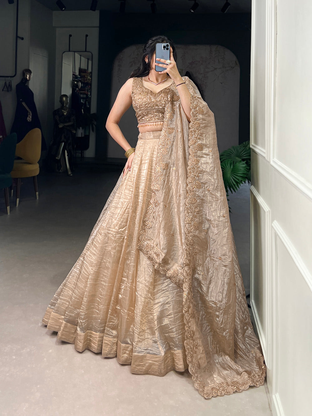 Chiku Color Sequins And Embroidery Work With Gold Crush Lehenga Choli