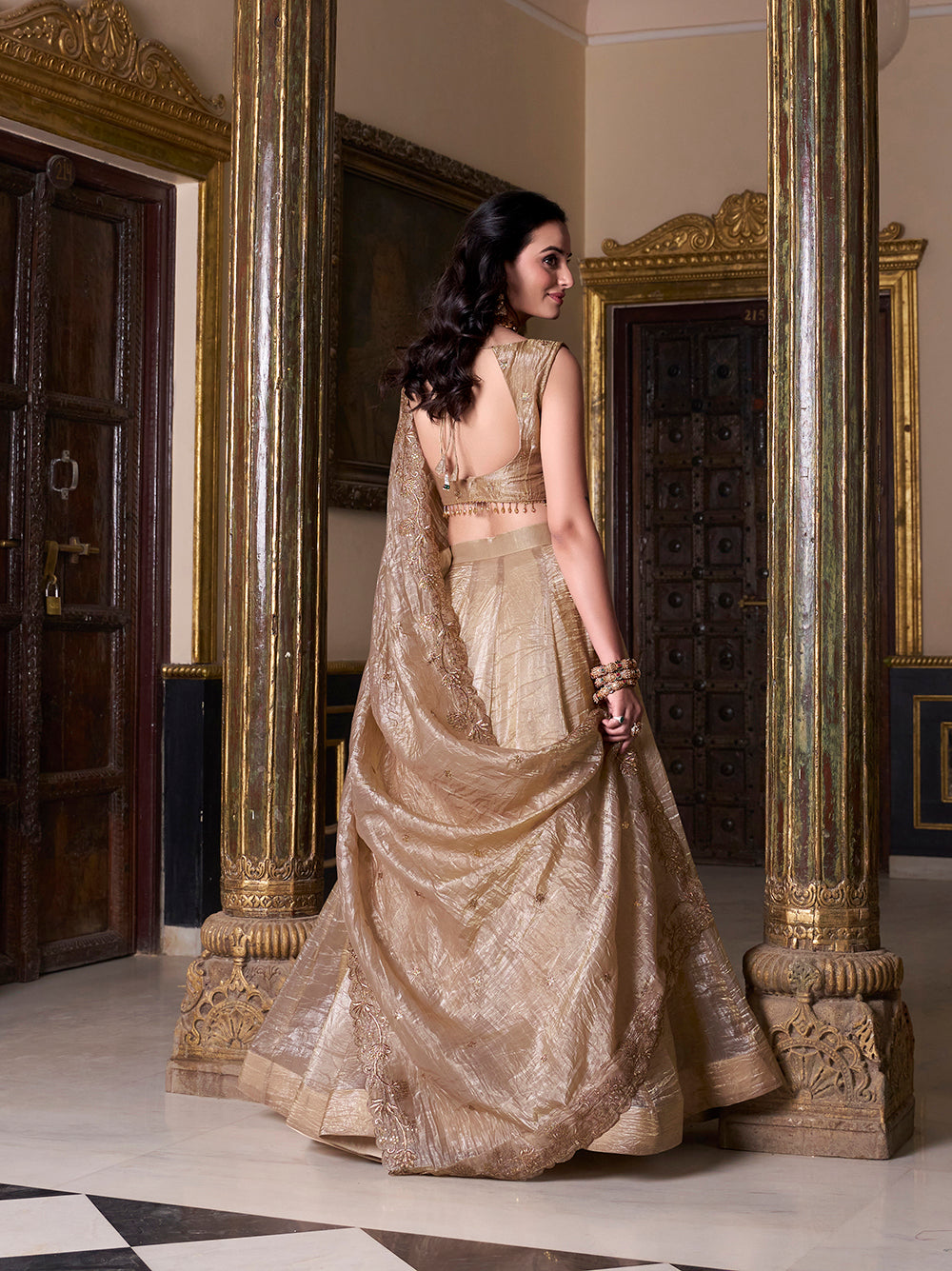Semi-stitched gold crush lehenga with can-can