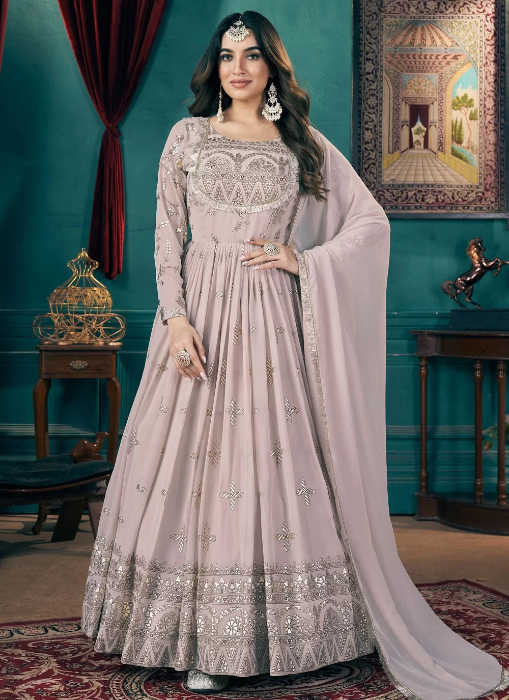 Chiku Faux Georgette Anarkali Long Gown with Silk Crepe Lining and Metallic Multi Foil Work