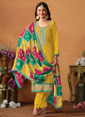 Chinon Silk Embroidered Plus size Straight Suit In Yellow