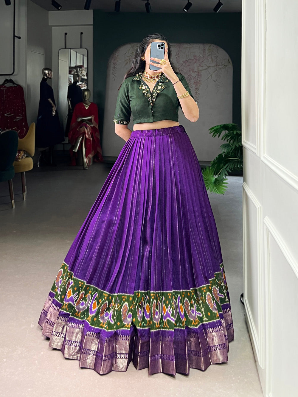 “Purple poly cotton lehenga choli with zari weaving”