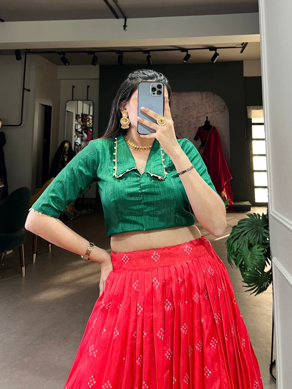 Red Color Kalamkari Print With Zari Weaving Border Dola Silk Co-ord Set Lehenga Choli
