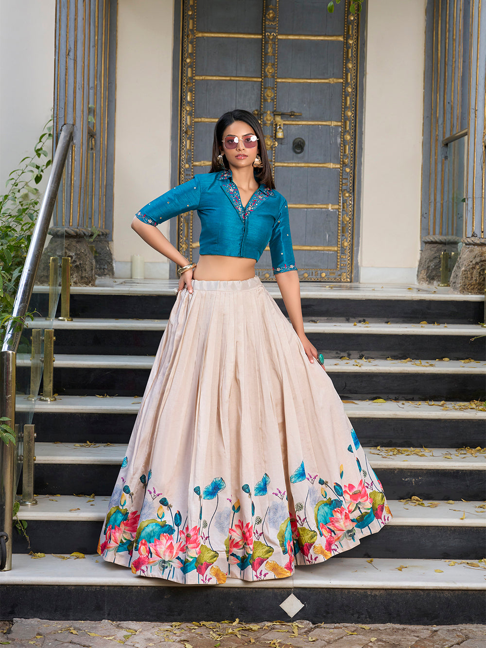 Off White Color Floral Printed Tussar Silk Co-ord Set Lehenga Choli