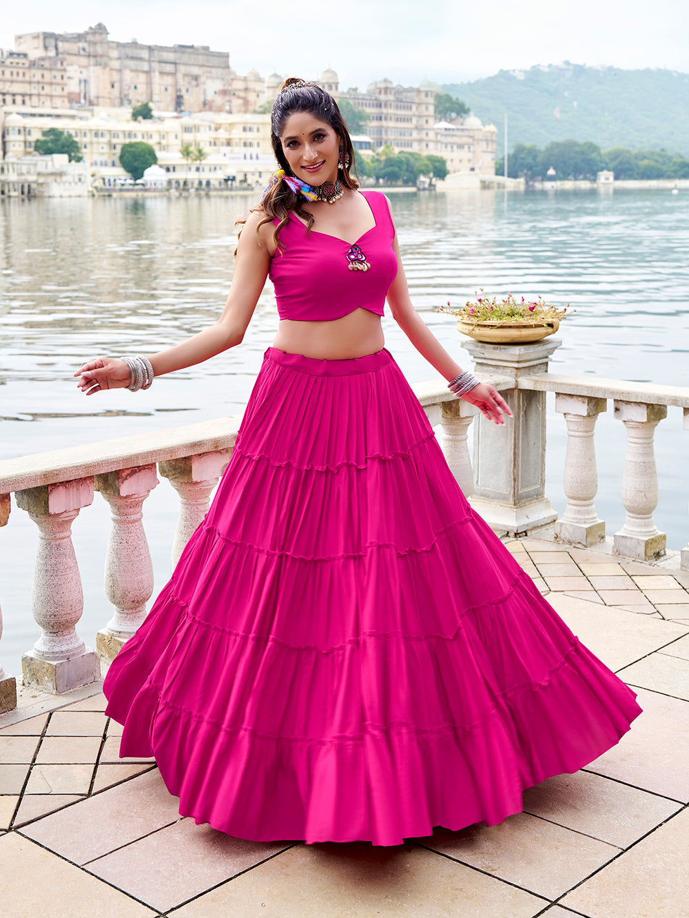 Traditional pink lehenga choli with koti