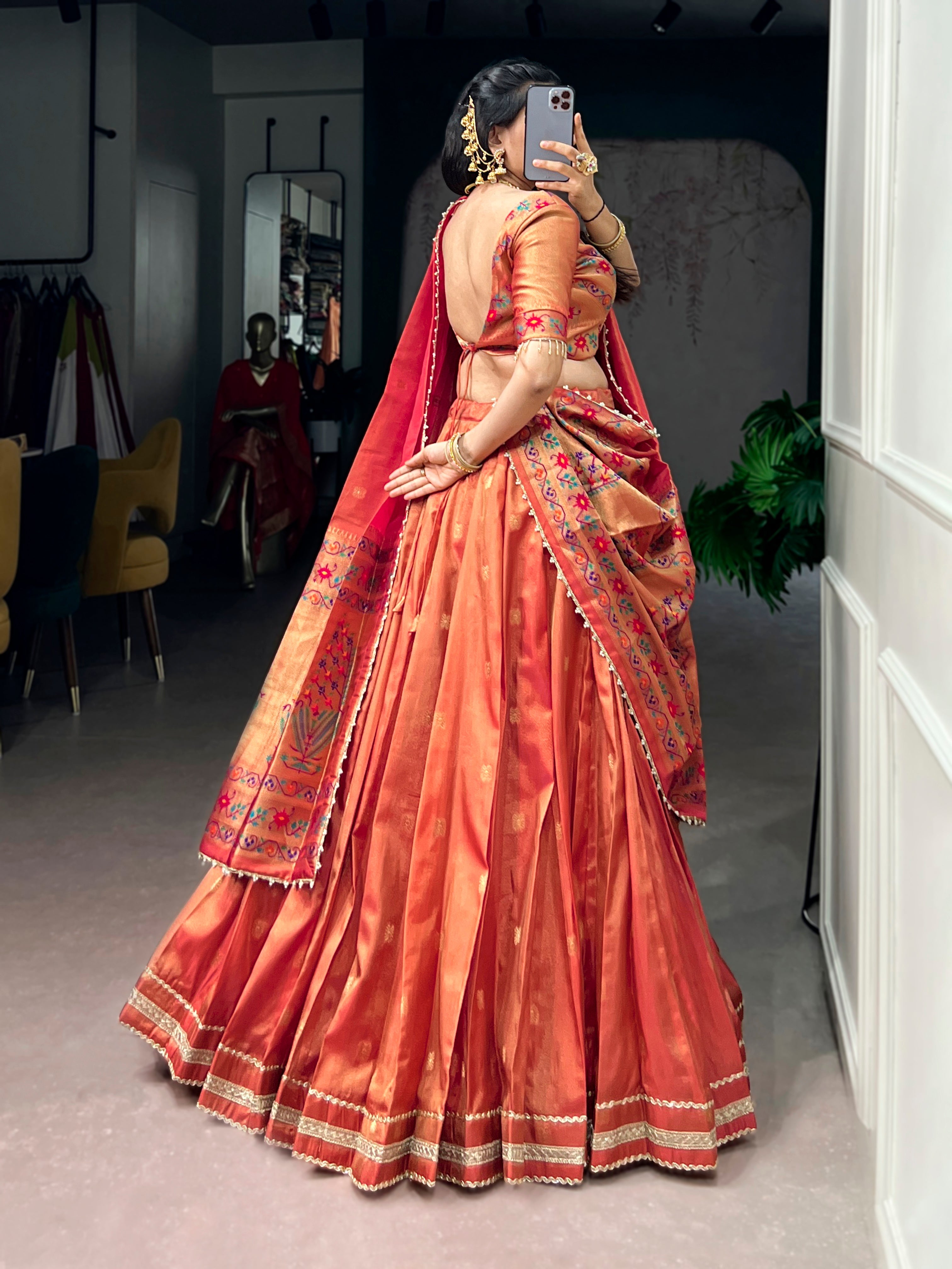 Coral Color Maharastrian Wear Shimmer Lehenga