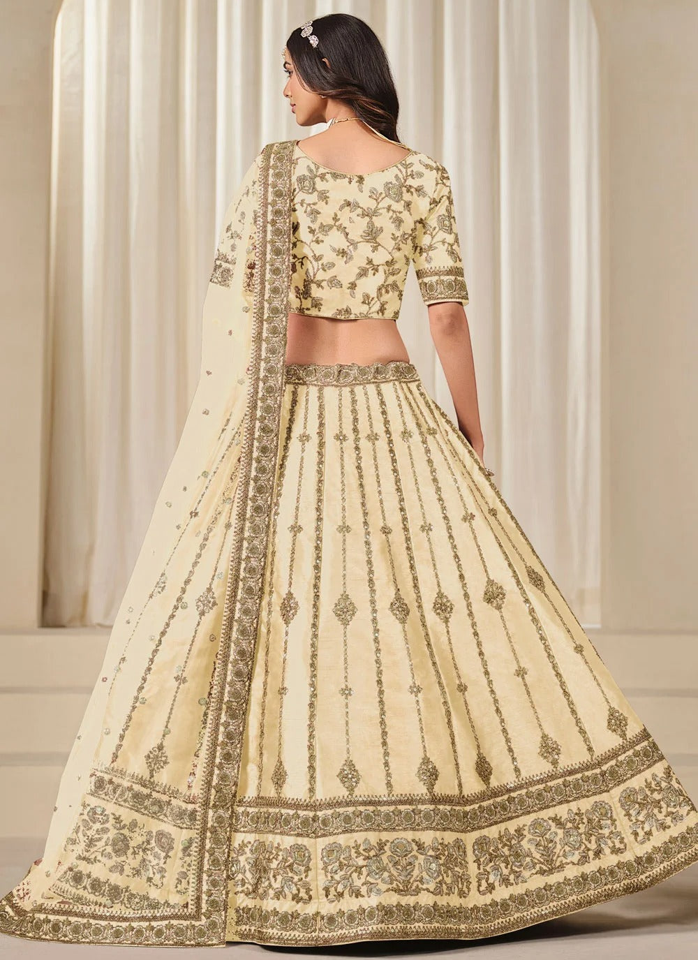 Cream Art Silk Wedding Guest Lehenga with Embroidered Net Dupatta