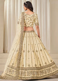Cream Art Silk Wedding Guest Lehenga with Embroidered Net Dupatta
