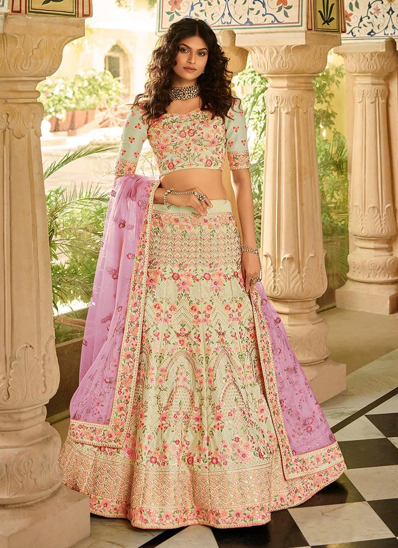 Cream Art Silk Stone And Sequins Work Wedding Lehenga