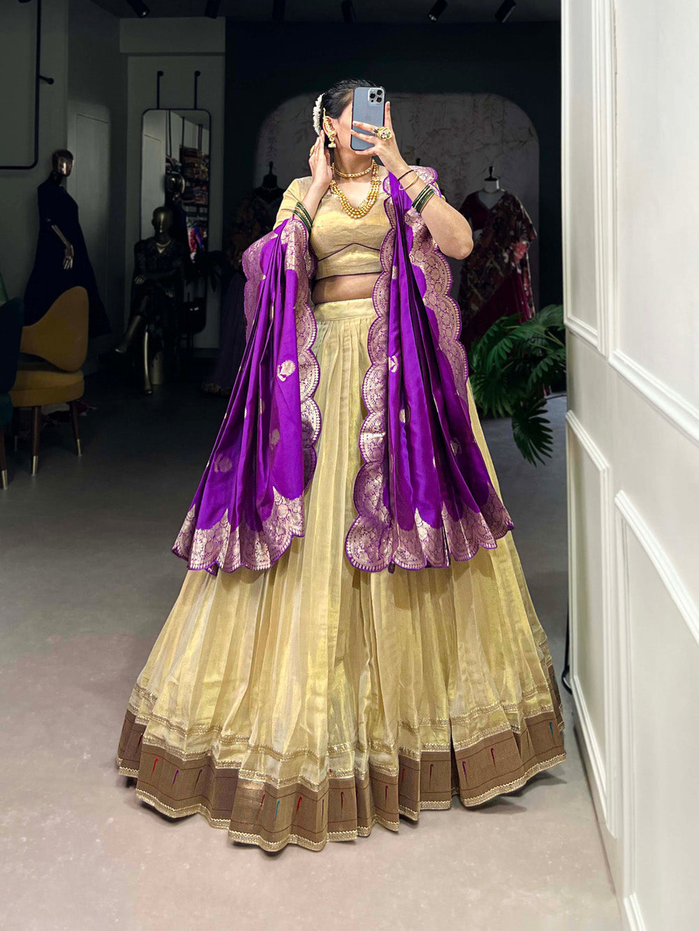 Cream Color Plain With Paithani Lace Border Erode South Indian Lehenga Choli