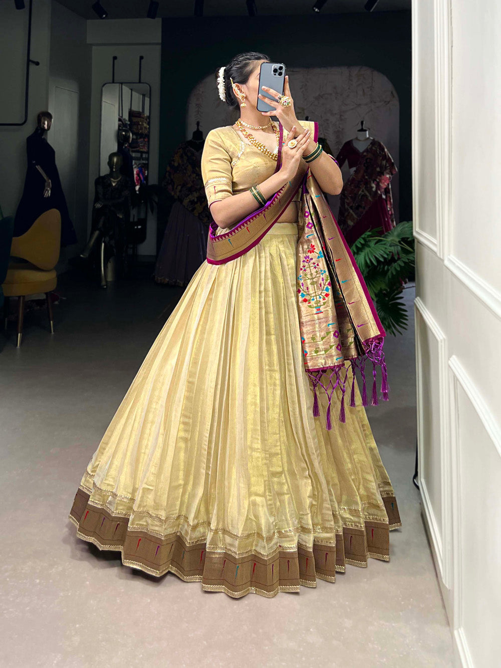 Cream Color Plain With Paithani Lace Border Erode Lehenga Choli