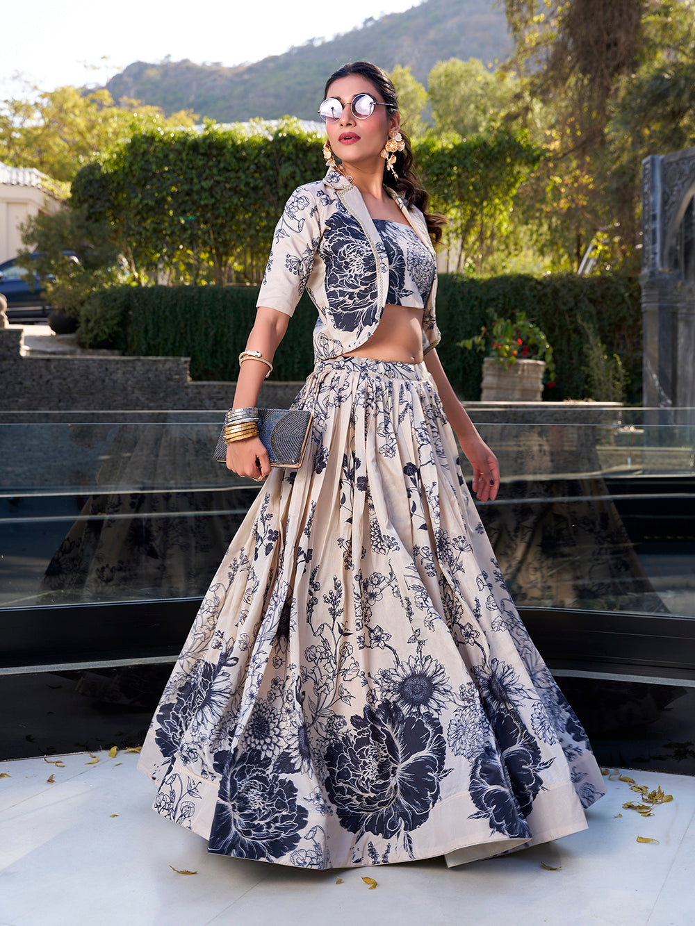 Cream Floral Print Tussar Silk Co-ord Set lehenga Choli