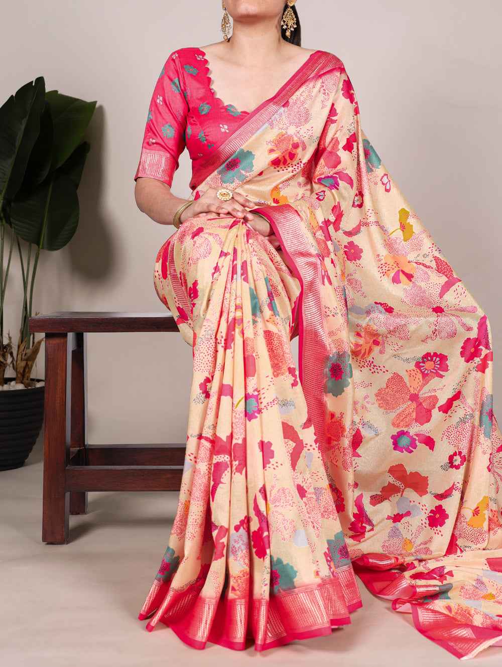 Tussar silk saree with viscose border in cream color