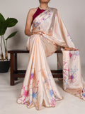Cream Color Floral Print With Peral Lace Border Satin Silk Trading Saree