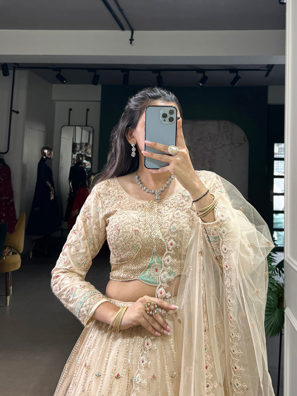 Cream Lehenga Choli with Net Dupatta