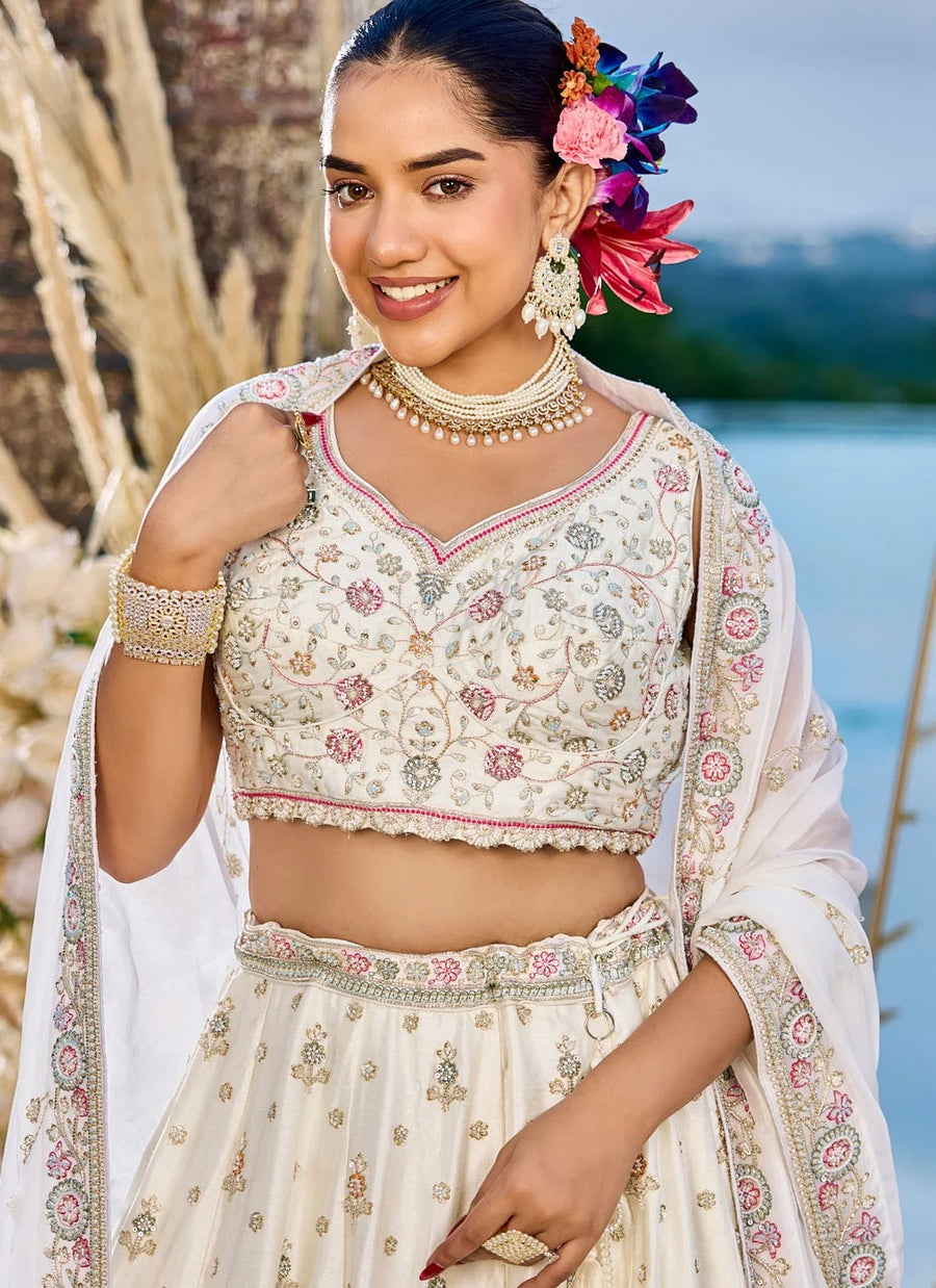 Cream Silk Reception Lehenga for Sister of Bride