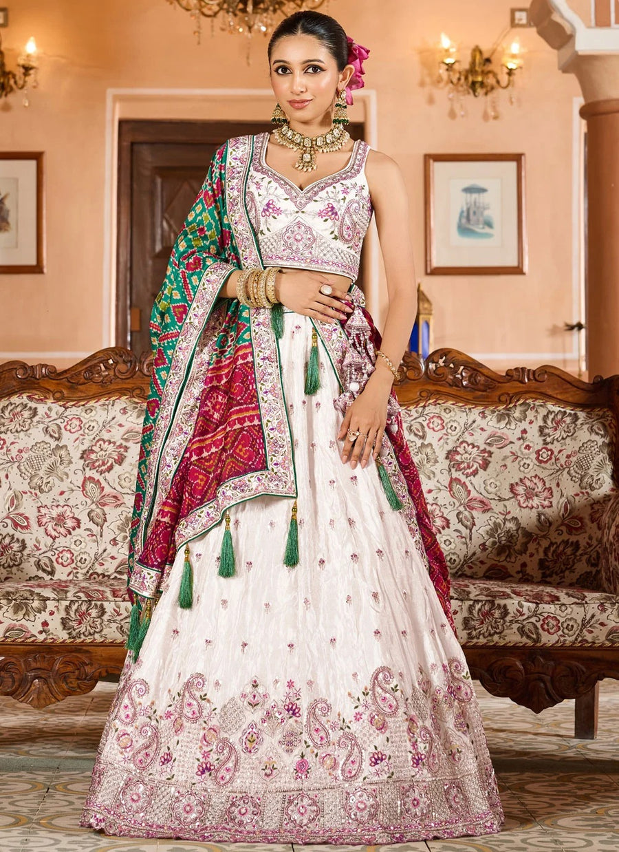 Cream Ring Ceremony Lehenga with Green Patola Dupatta