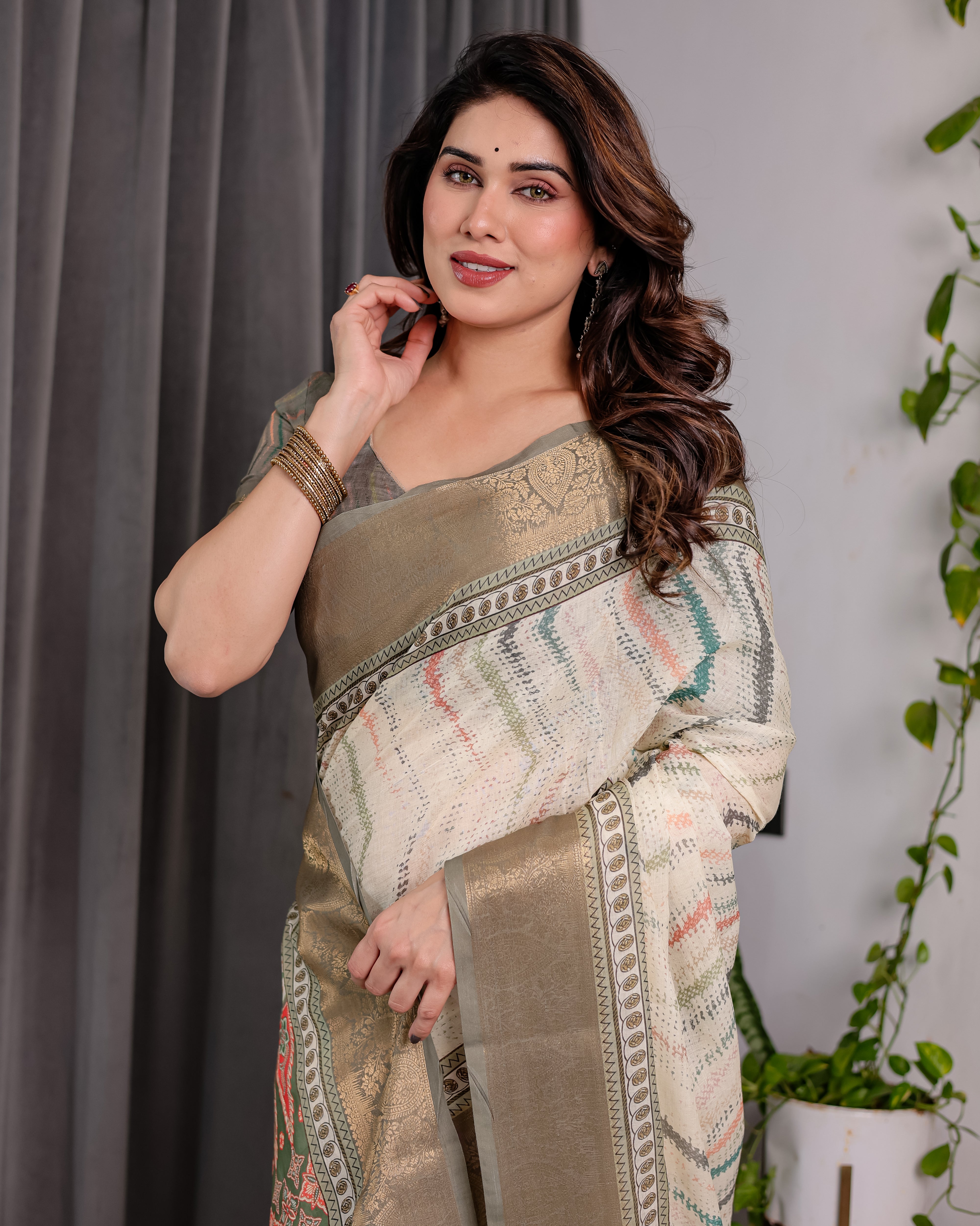Cream Ikat silk saree