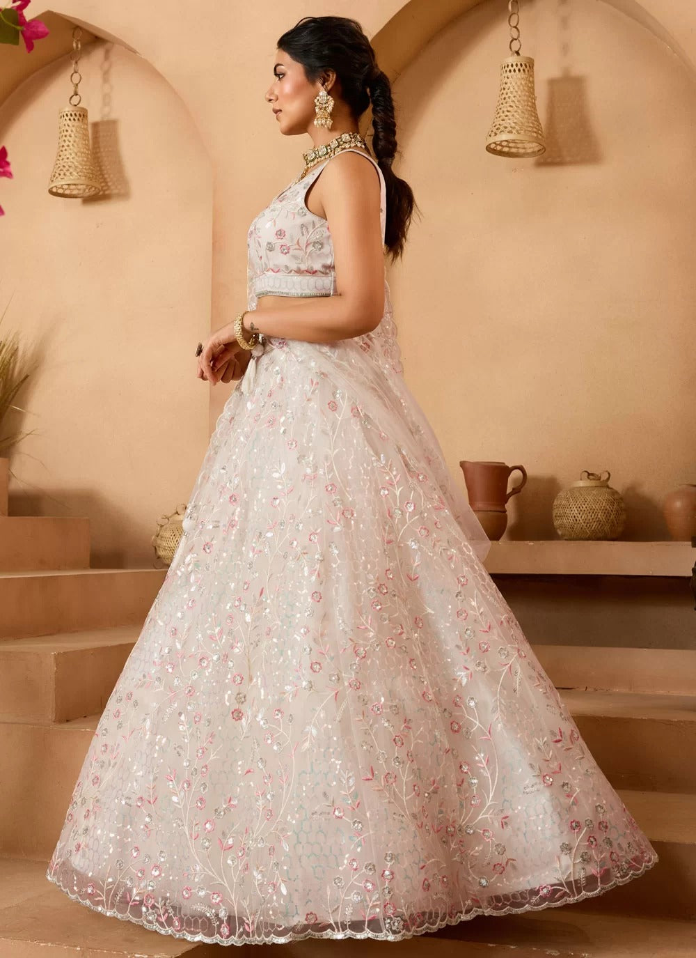 Cream net dupatta with embroidered cutwork border