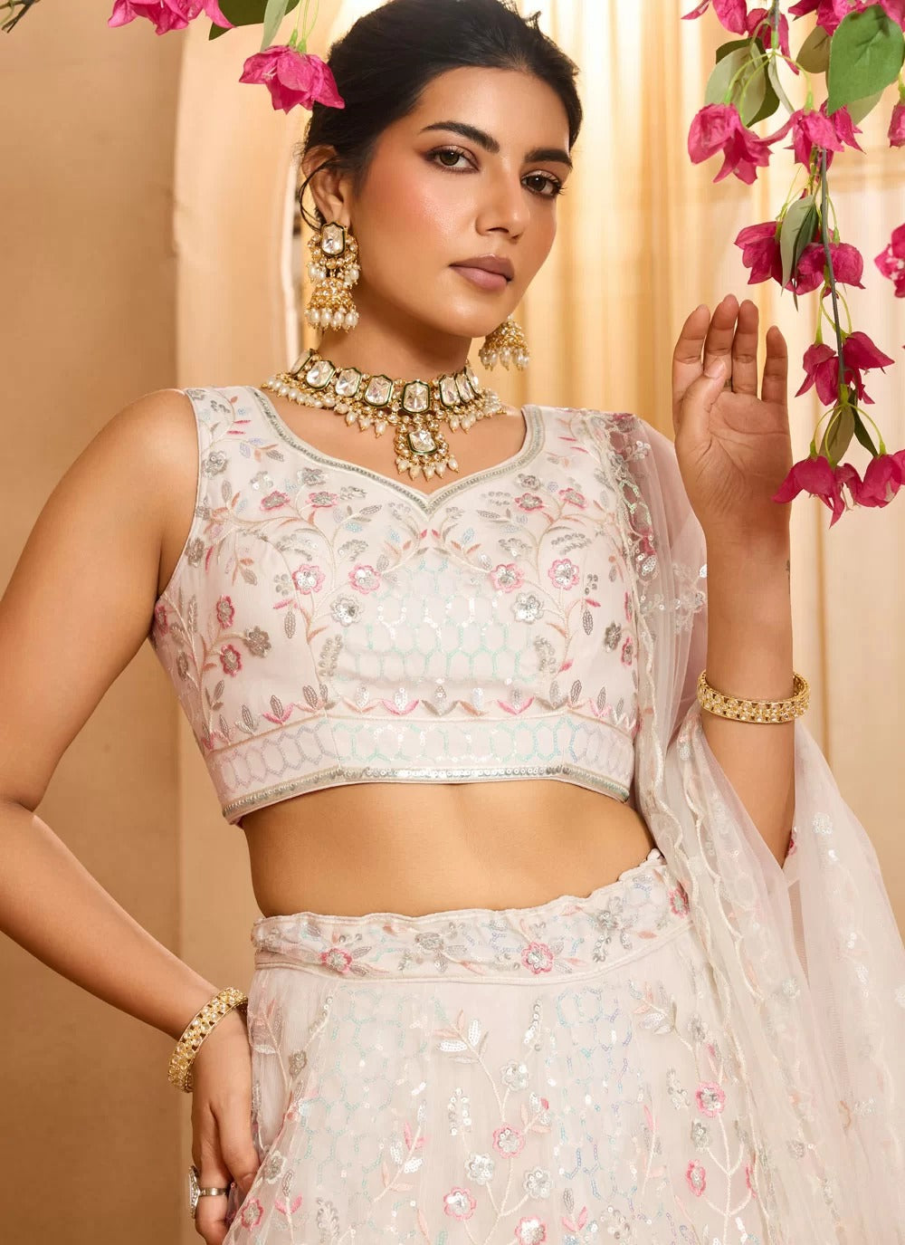 Full flair cream net wedding lehenga with 3.5 meter flair