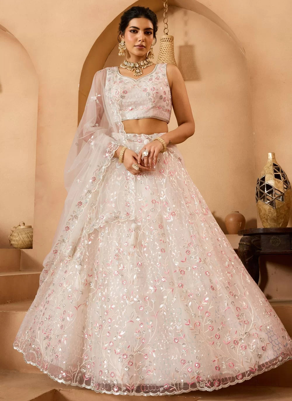 Cream net embroidered bridesmaid wedding lehenga choli